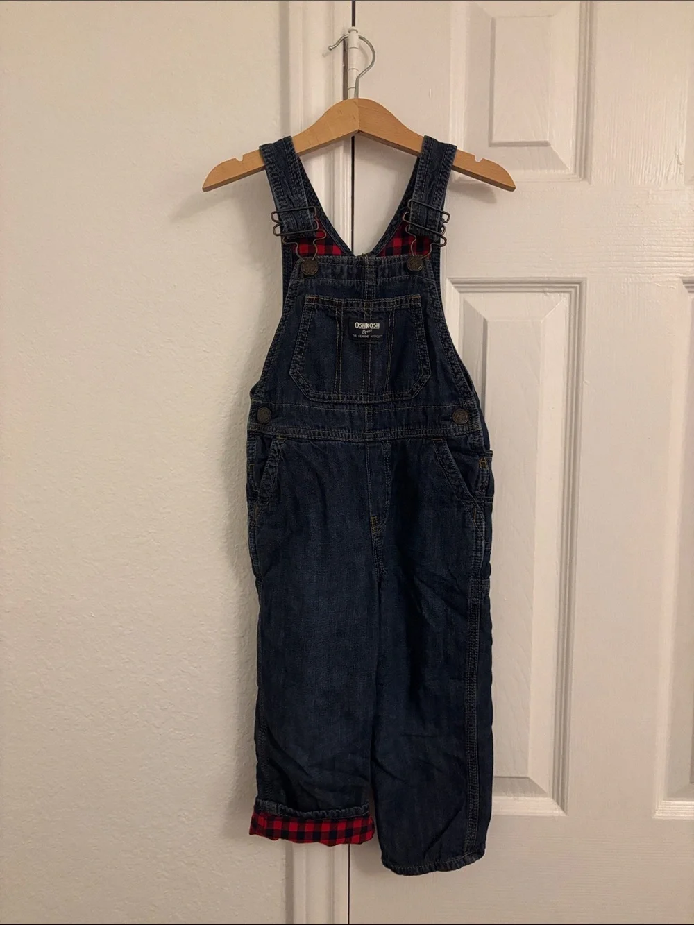 OshKosh B'gosh Dark Blue Denim Kids Overalls with Red Plaid Accents